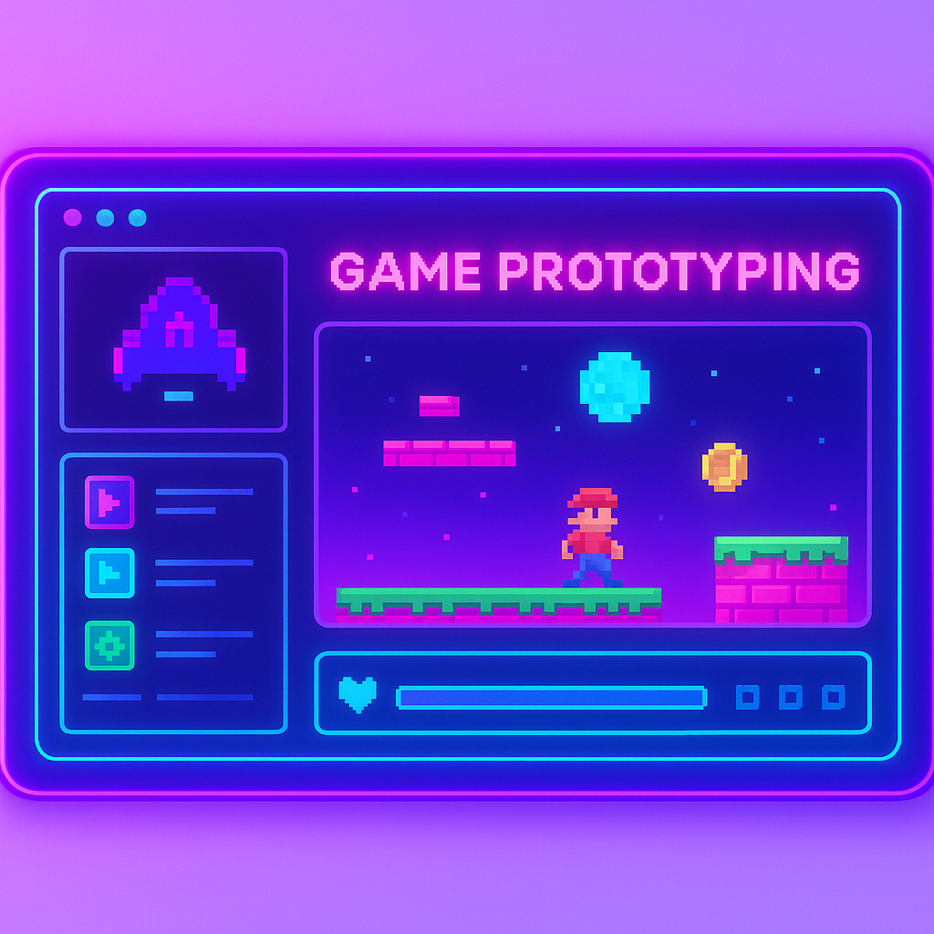 NeonArcade Forge UI mock: playable scene with neon palette