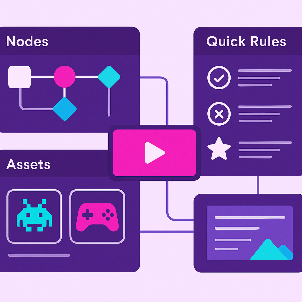 Workflow board showing nodes and assets in NeonArcade Forge